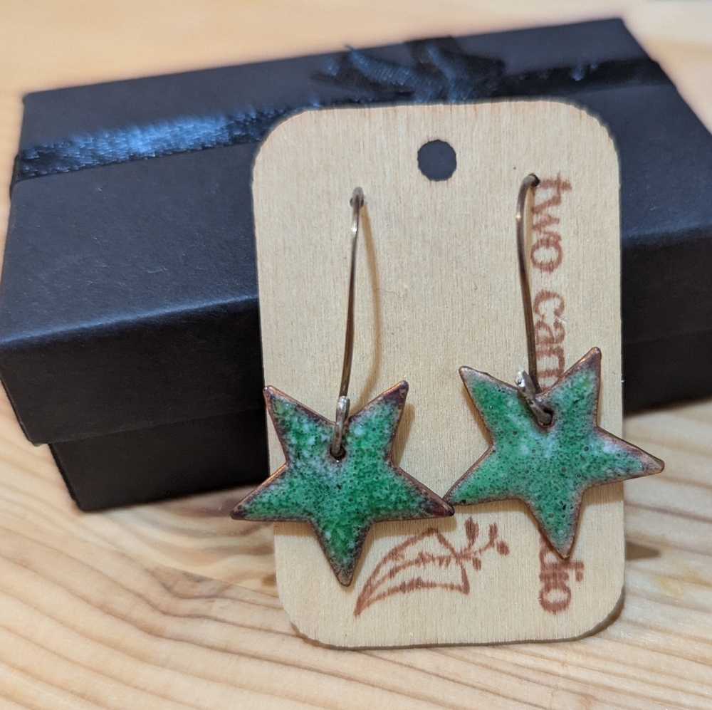 Two Carrots Studio (Edmonton Based Business) - Green Star Earrings, Brand New